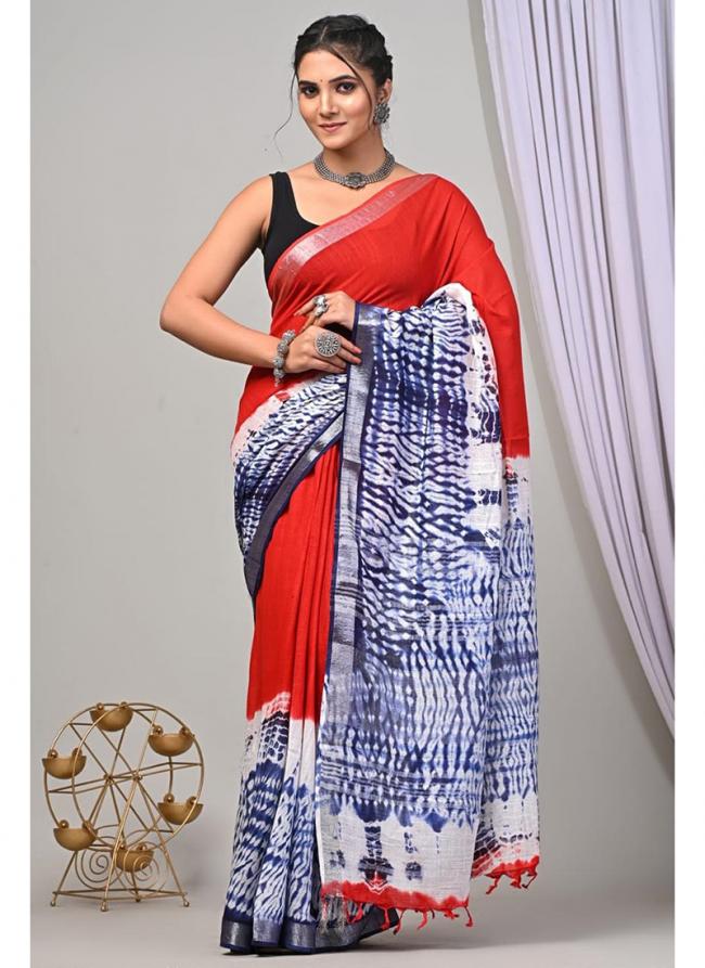 Pure Linen Cotton Red Casual Wear Pure Hand Work Saree